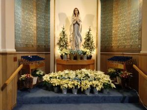 A photo of the Mary Shrine at Immaculate Conception Church, Christmas 2019