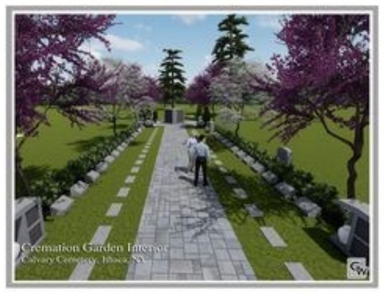 Picture of illustration for cremation garden with stone walkway surrounded by trees and headstones on either side