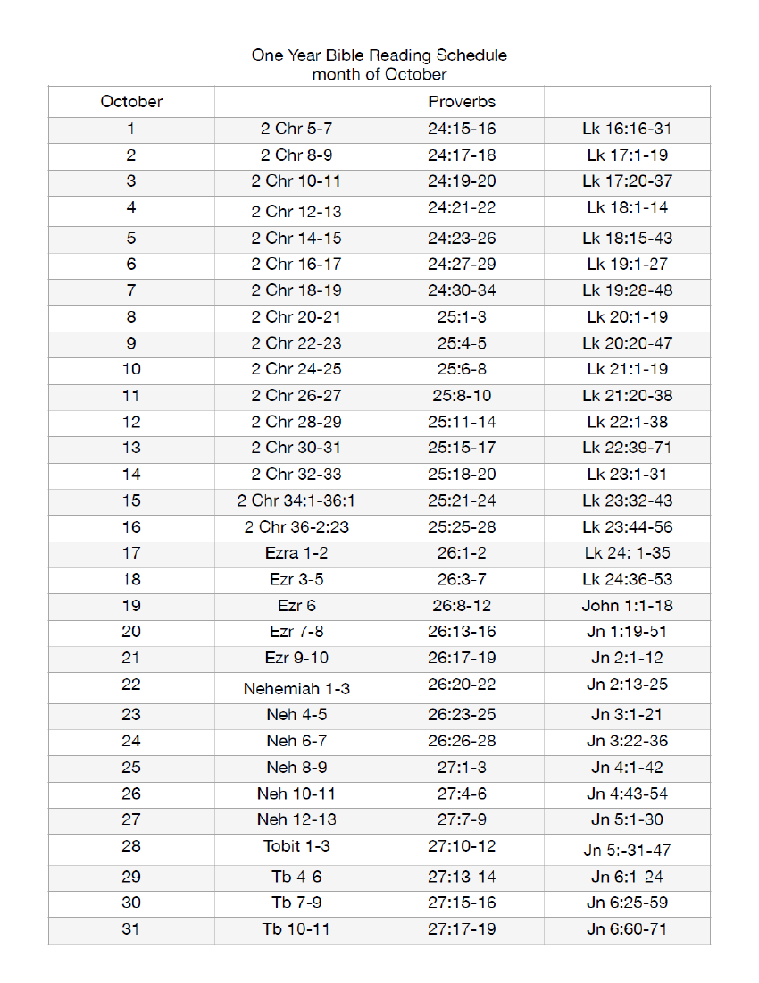 Image of October Bible Reading Schedule in of the bulletin.