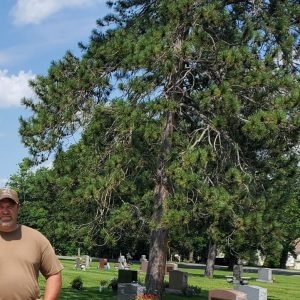 Man stands in a cemetery