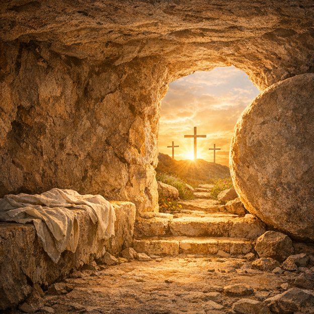 burial cloths lay on the ground and a large stone is rolled away from the entrance, three crosses are in the distance.