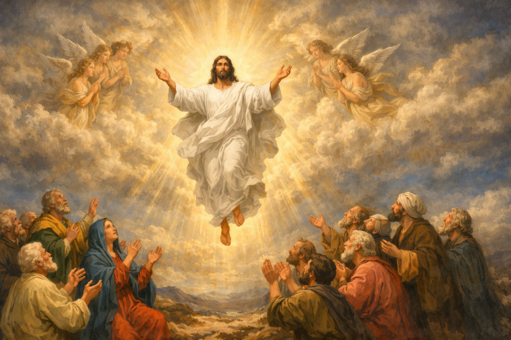 Jesus ascends into the clouds.