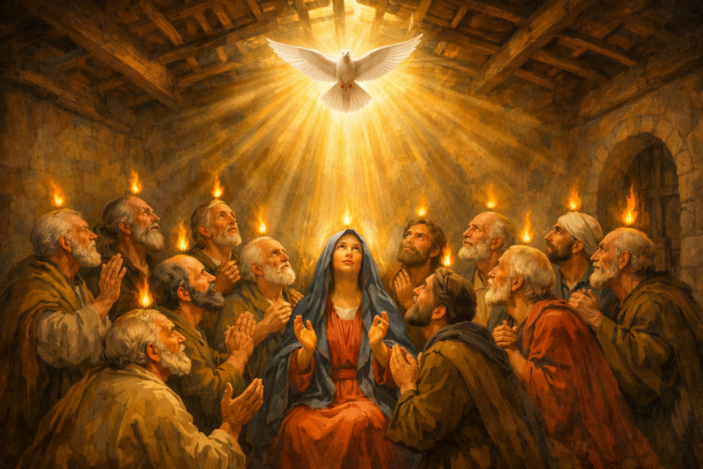The Holy Spirit descends in the Upper Room.